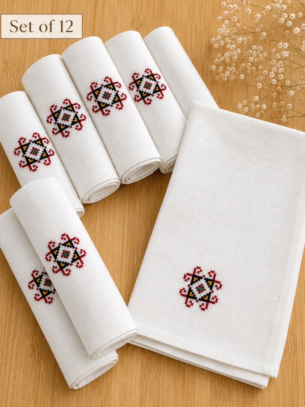 Set of 12 Hand Embroidered Linen Napkins White Folk Style Cottage Farmhouse